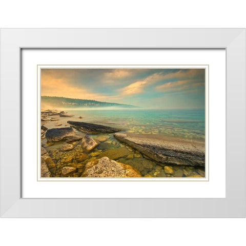 Canada-Ontario-Morning fog on Georgian Bay Limestone Rock Barrow Bay Bruce Peninsula White Modern Wood Framed Art Print with Double Matting by Jaynes Gallery