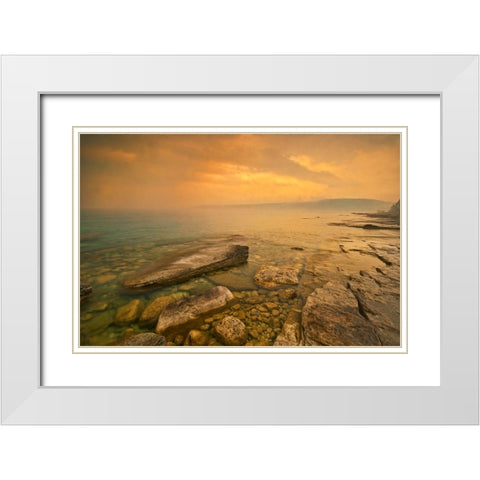 Canada-Ontario-Morning fog on Georgian Bay Limestone Rock Barrow Bay Bruce Peninsula White Modern Wood Framed Art Print with Double Matting by Jaynes Gallery