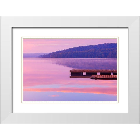 Canada-Ontario-Algonquin Provincial Park-Dock and fog on Lake of Two Rivers White Modern Wood Framed Art Print with Double Matting by Jaynes Gallery