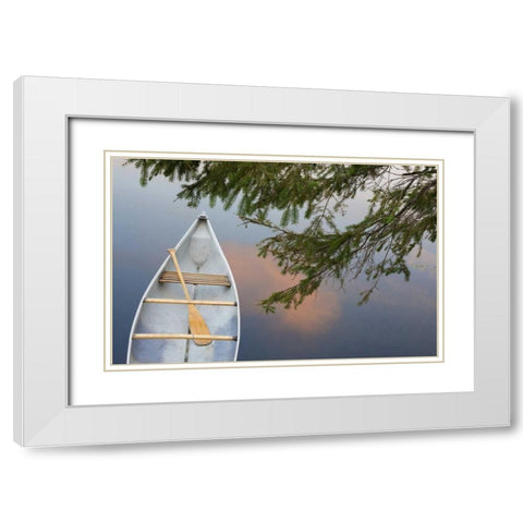 Canada, Quebec, Eastman Canoe on lake at sunset White Modern Wood Framed Art Print with Double Matting by Delisle, Gilles