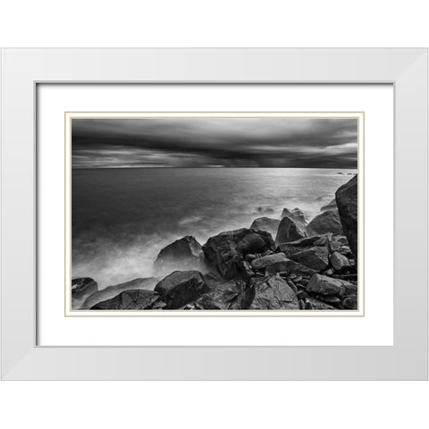 Canada-Quebec-Ruisseau Castor Shoreline rocks on Gulf of St Lawrence in storm light White Modern Wood Framed Art Print with Double Matting by Jaynes Gallery