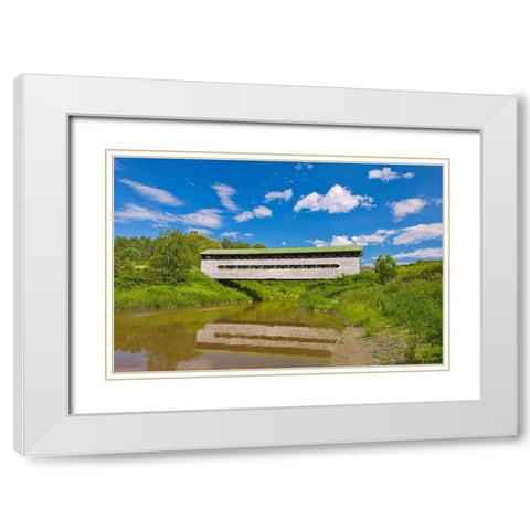 Canada-Quebec-St-Bruno-de-Guigues Covered bridge over river White Modern Wood Framed Art Print with Double Matting by Jaynes Gallery