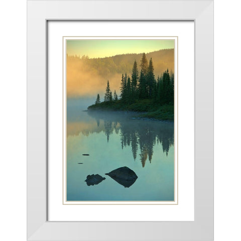 Canada-Quebec-Chibougamau Lake in fog at sunrise White Modern Wood Framed Art Print with Double Matting by Jaynes Gallery