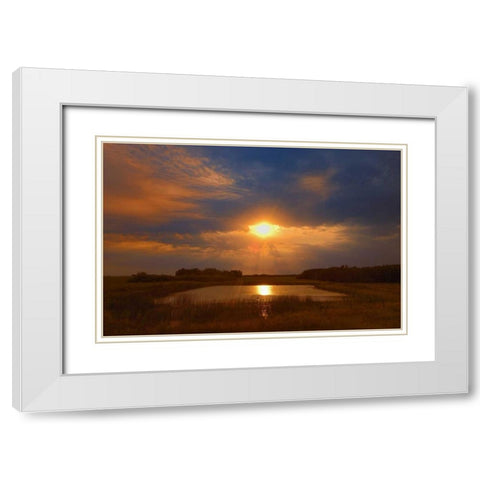 Canada, Saskatchewan, Dubuc Sunset over pond White Modern Wood Framed Art Print with Double Matting by Grandmaison, Mike