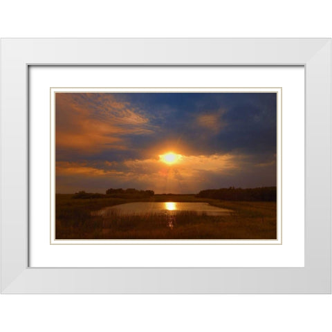 Canada, Saskatchewan, Dubuc Sunset over pond White Modern Wood Framed Art Print with Double Matting by Grandmaison, Mike