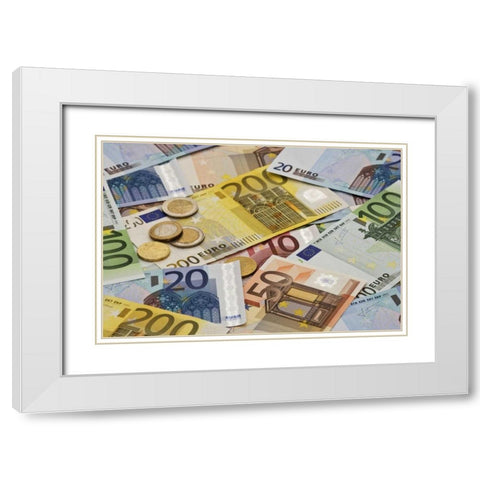 Montage mix of European paper and coin currency White Modern Wood Framed Art Print with Double Matting by Flaherty, Dennis