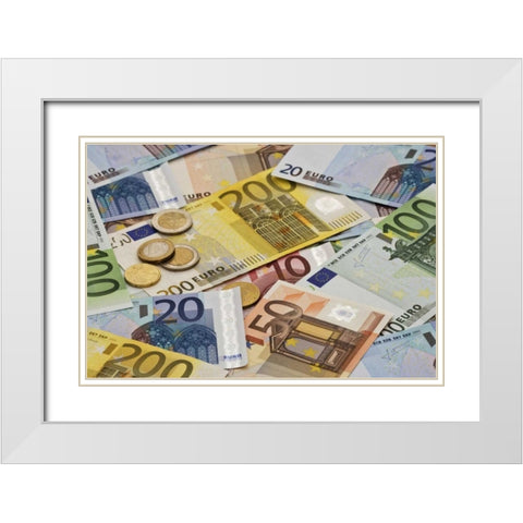Montage mix of European paper and coin currency White Modern Wood Framed Art Print with Double Matting by Flaherty, Dennis