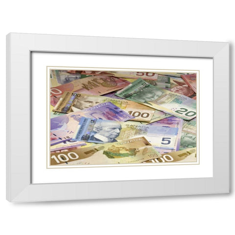 Close-up of assorted Canadian paper currency White Modern Wood Framed Art Print with Double Matting by Flaherty, Dennis