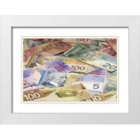 Close-up of assorted Canadian paper currency White Modern Wood Framed Art Print with Double Matting by Flaherty, Dennis