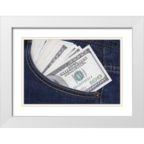 Some US $100 bills in a jeans pocket White Modern Wood Framed Art Print with Double Matting by Flaherty, Dennis