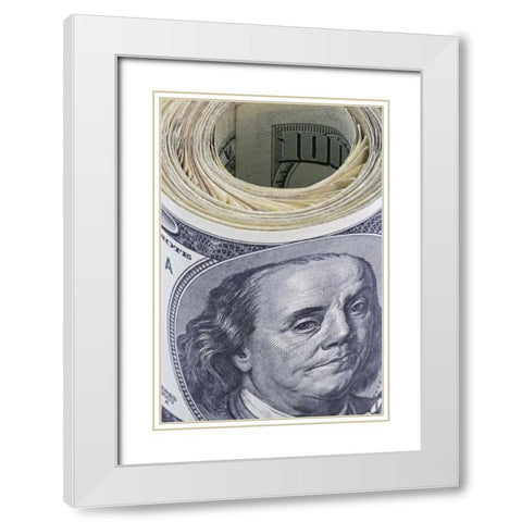 Close-up of a roll of US $100 bills White Modern Wood Framed Art Print with Double Matting by Flaherty, Dennis