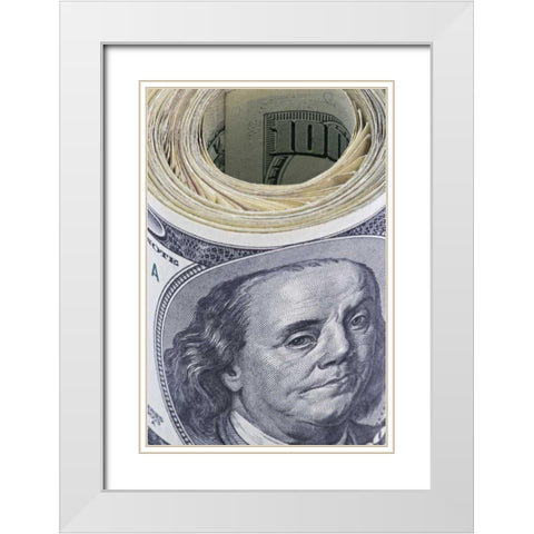 Close-up of a roll of US $100 bills White Modern Wood Framed Art Print with Double Matting by Flaherty, Dennis