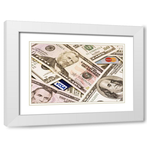 Assorted US paper currency and credit cards White Modern Wood Framed Art Print with Double Matting by Flaherty, Dennis