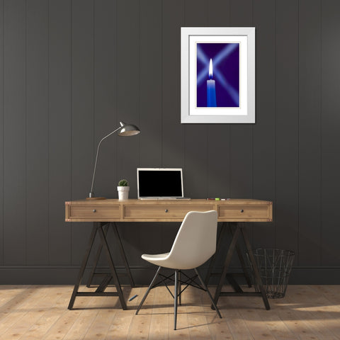 Burning candle with star burst on blue background White Modern Wood Framed Art Print with Double Matting by Kaveney, Wendy