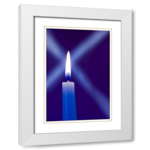 Burning candle with star burst on blue background White Modern Wood Framed Art Print with Double Matting by Kaveney, Wendy