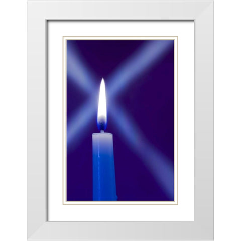 Burning candle with star burst on blue background White Modern Wood Framed Art Print with Double Matting by Kaveney, Wendy