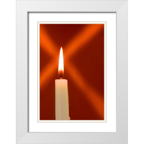 Burning candle with star burst on red background White Modern Wood Framed Art Print with Double Matting by Kaveney, Wendy