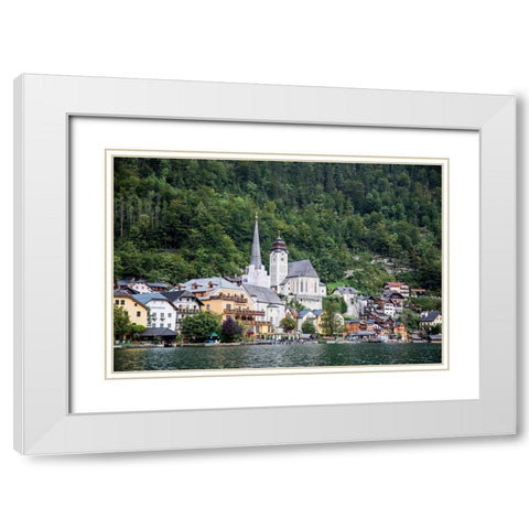 Austria-Hallstatt-Town of Hallstatt as seen from Lake Hallstatt  White Modern Wood Framed Art Print with Double Matting by Looney, Hollice