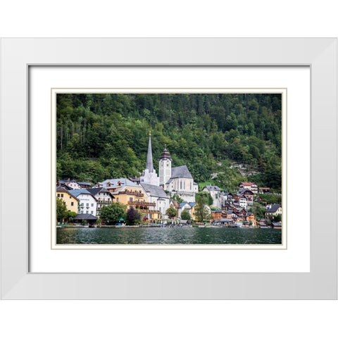 Austria-Hallstatt-Town of Hallstatt as seen from Lake Hallstatt  White Modern Wood Framed Art Print with Double Matting by Looney, Hollice