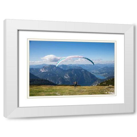 Austria-Dachstein-Paragliders as they prepare to take off above Lake Hallstatt White Modern Wood Framed Art Print with Double Matting by Looney, Hollice