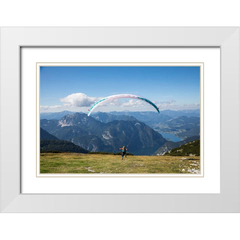 Austria-Dachstein-Paragliders as they prepare to take off above Lake Hallstatt White Modern Wood Framed Art Print with Double Matting by Looney, Hollice