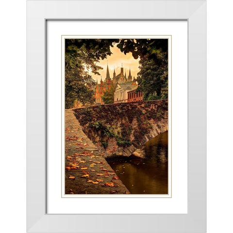 Fall leaf strewn bridge over a canal in Bruges-Belgium White Modern Wood Framed Art Print with Double Matting by Steve Mohlenkamp