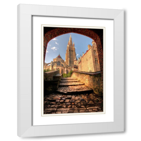 An arch leads to a church in Bruges-Belgium White Modern Wood Framed Art Print with Double Matting by Steve Mohlenkamp