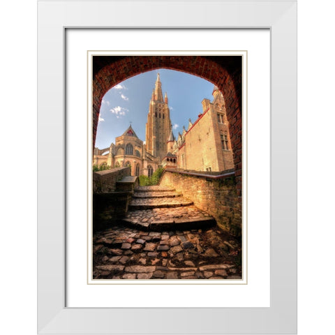 An arch leads to a church in Bruges-Belgium White Modern Wood Framed Art Print with Double Matting by Steve Mohlenkamp