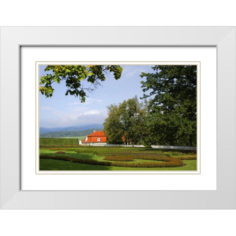 Czech Republic, Cesky Krumlov Chateau Gardens White Modern Wood Framed Art Print with Double Matting by Flaherty, Dennis