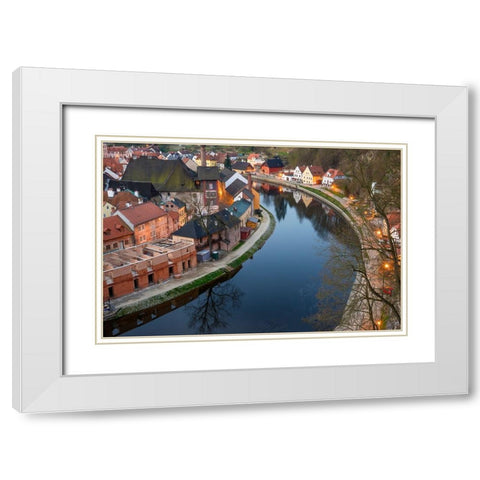 Europe-Czech Republic-Cesky Krumlov-Overview of town and Vltava River White Modern Wood Framed Art Print with Double Matting by Jaynes Gallery