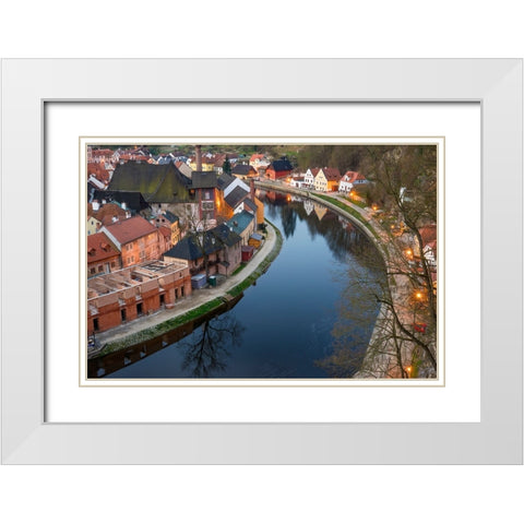 Europe-Czech Republic-Cesky Krumlov-Overview of town and Vltava River White Modern Wood Framed Art Print with Double Matting by Jaynes Gallery