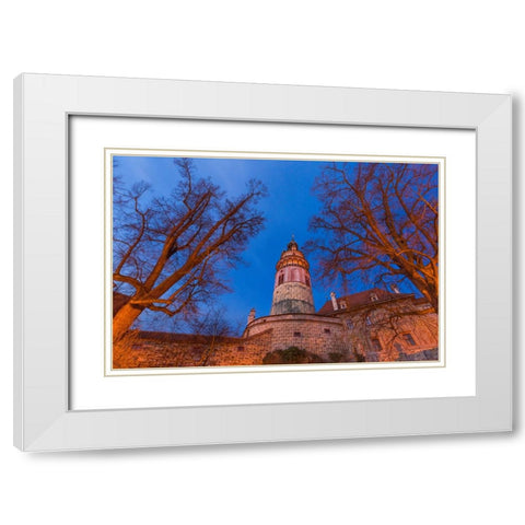 Europe-Czech Republic-Cesky Krumlov-Castle and trees at sunset White Modern Wood Framed Art Print with Double Matting by Jaynes Gallery