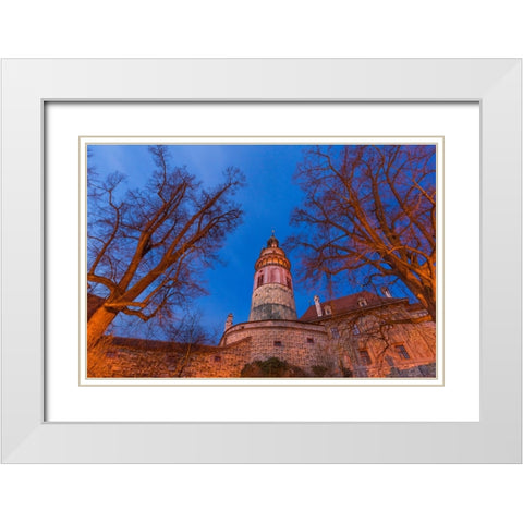Europe-Czech Republic-Cesky Krumlov-Castle and trees at sunset White Modern Wood Framed Art Print with Double Matting by Jaynes Gallery