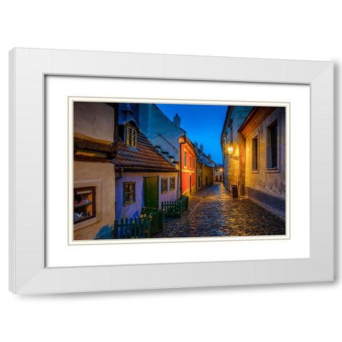 Europe-Czech Republic-Prague-Golden Lane buildings and street at night White Modern Wood Framed Art Print with Double Matting by Jaynes Gallery