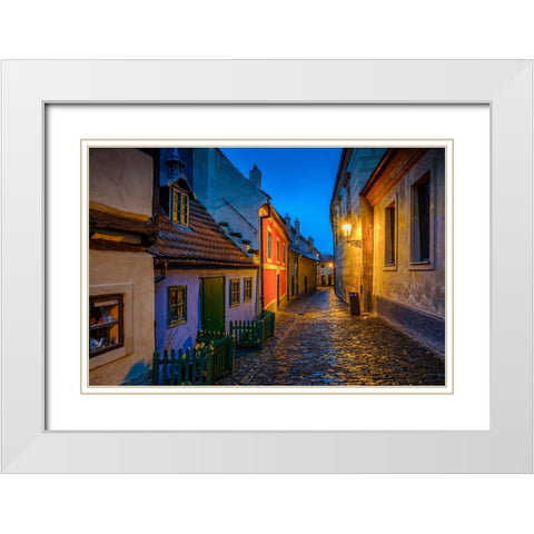 Europe-Czech Republic-Prague-Golden Lane buildings and street at night White Modern Wood Framed Art Print with Double Matting by Jaynes Gallery