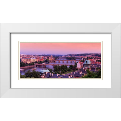 Europe-Czech Republic-Prague-Panoramic overview of Vltava River and bridges White Modern Wood Framed Art Print with Double Matting by Jaynes Gallery