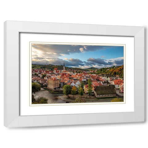 Looking down onto the village of Cesky Krumlov-Czech Republic White Modern Wood Framed Art Print with Double Matting by Haney, Chuck