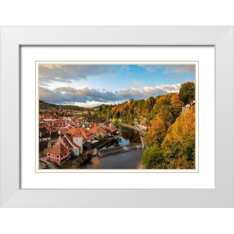 Looking down onto the village of Cesky Krumlov-Czech Republic White Modern Wood Framed Art Print with Double Matting by Haney, Chuck