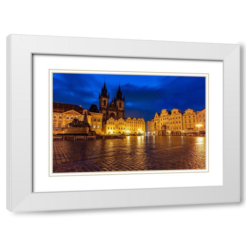 Tyn Church at dawn on wet cobblestones in Old Town Square in Prague-Czech Republic White Modern Wood Framed Art Print with Double Matting by Haney, Chuck