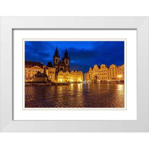Tyn Church at dawn on wet cobblestones in Old Town Square in Prague-Czech Republic White Modern Wood Framed Art Print with Double Matting by Haney, Chuck
