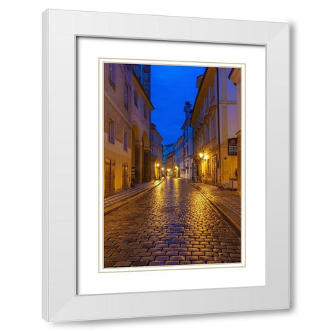 Narrow wet cobblestone streets in Old Town in Prague-Czech Republic White Modern Wood Framed Art Print with Double Matting by Haney, Chuck