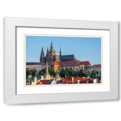Prague-Czech Republic-St-Vitus Cathedral above roofs of city White Modern Wood Framed Art Print with Double Matting by Haseltine, Tom