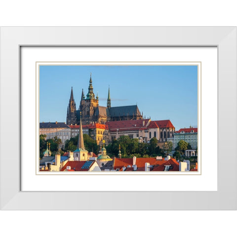Prague-Czech Republic-St-Vitus Cathedral above roofs of city White Modern Wood Framed Art Print with Double Matting by Haseltine, Tom