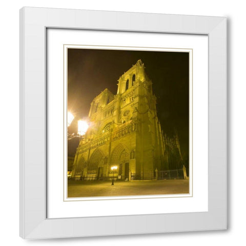 France, Paris Notre Dame Cathedral lit at night White Modern Wood Framed Art Print with Double Matting by Zuckerman, Jim