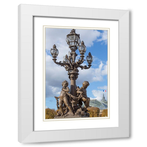 Paris. Decorative street lamps- at Pont Alexandre III- along River Seine. White Modern Wood Framed Art Print with Double Matting by Wilson, Emily M.