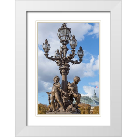Paris. Decorative street lamps- at Pont Alexandre III- along River Seine. White Modern Wood Framed Art Print with Double Matting by Wilson, Emily M.