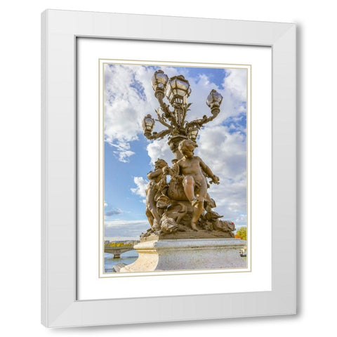 Paris. Decorative street lamp on Pont Alexandre III- along River Seine. White Modern Wood Framed Art Print with Double Matting by Wilson, Emily M.