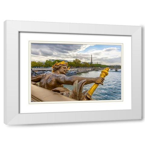 Paris. Nymphes de la Seine statue on Pont Alexandre III- along River Seine. Distant Eiffel Tower. White Modern Wood Framed Art Print with Double Matting by Wilson, Emily M.