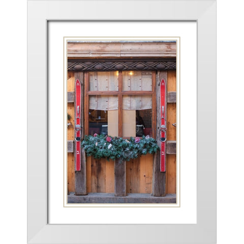 Colmar-France Old town Colmar adorned with Christmas decoration Old skis decorate a rustic cafÃ© White Modern Wood Framed Art Print with Double Matting by McRoberts, Julien