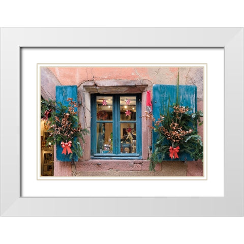 Riquewihr-France Village established 1400s in Alsace Region Window decorated Christmas ornaments White Modern Wood Framed Art Print with Double Matting by McRoberts, Julien